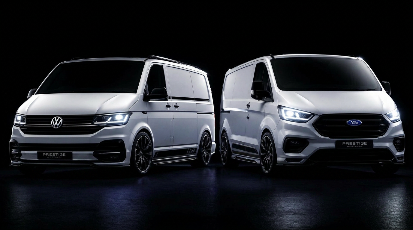 Two white commercial vans on a dark background
